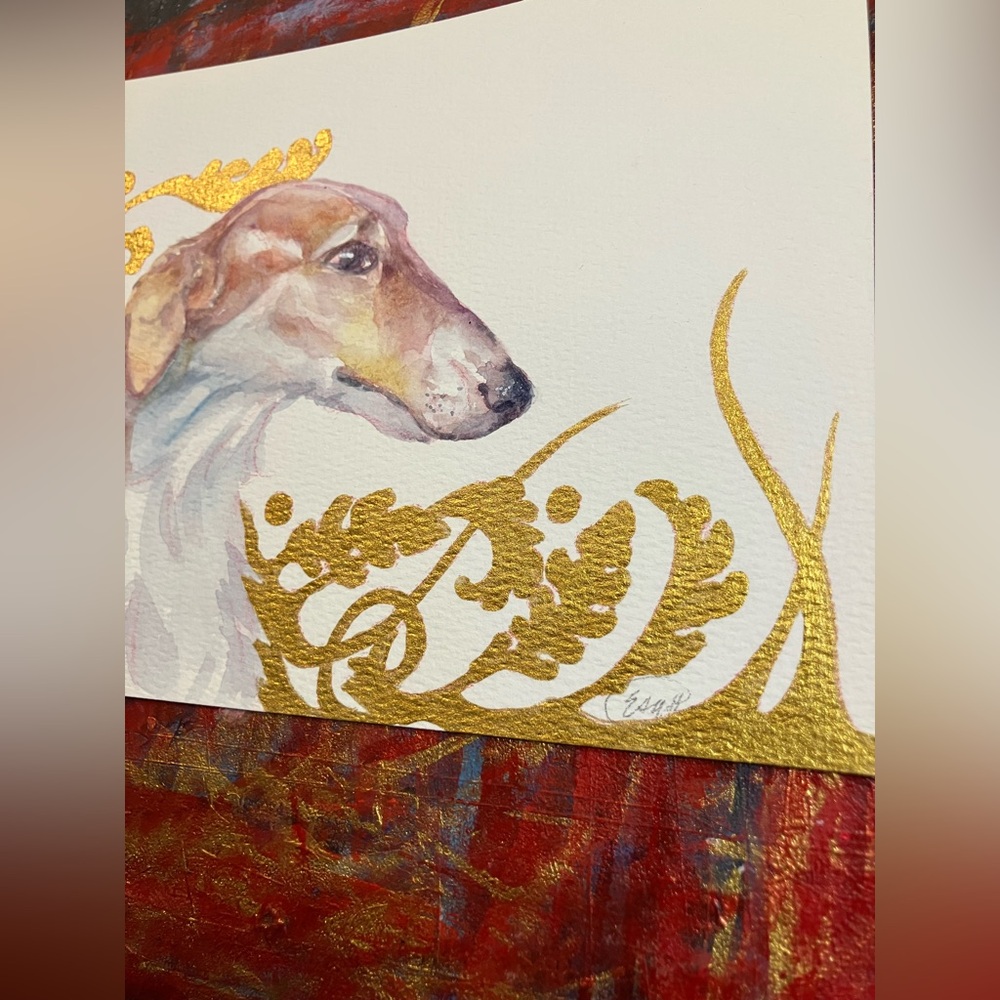Original Painting Borzoi Dog watercolor Gold accents Floral Art Artettina - Picture 5 of 8